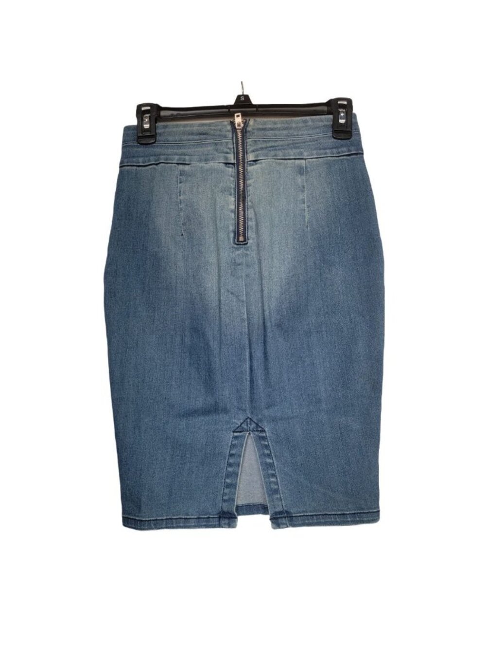 ❤️Bebe Women’s Blue Denim Midi Skirt Size 27 Distressed Gold Buttons Jean Skirt - Picture 4 of 8